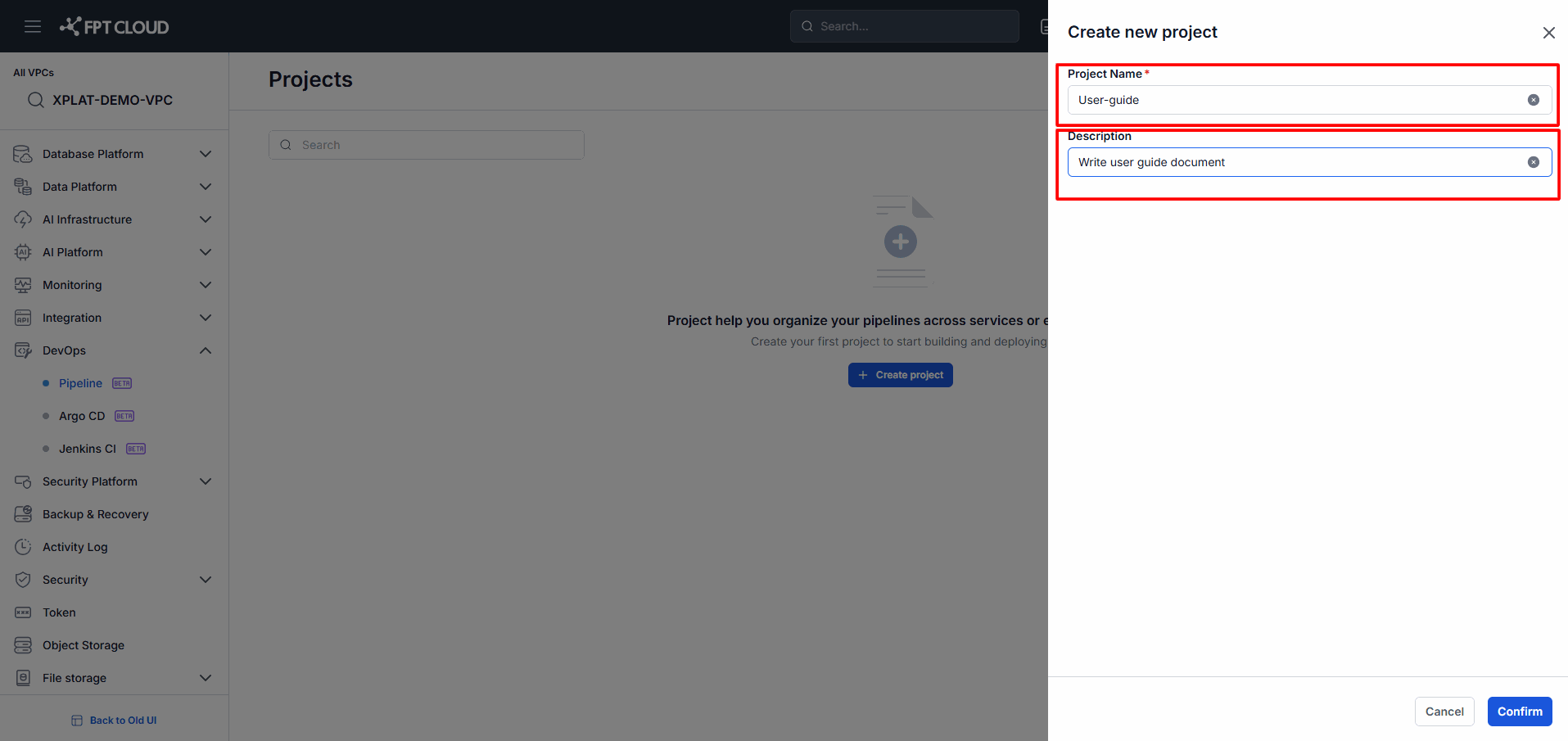Create project form