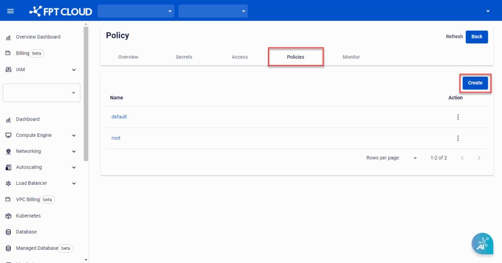 Tab Policies với nút Create