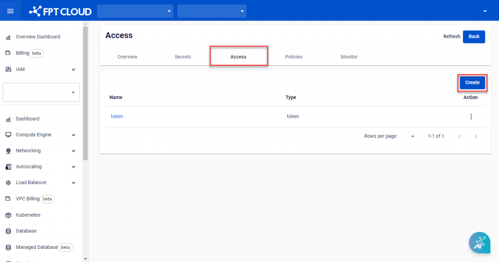 Tab Access với nút Create