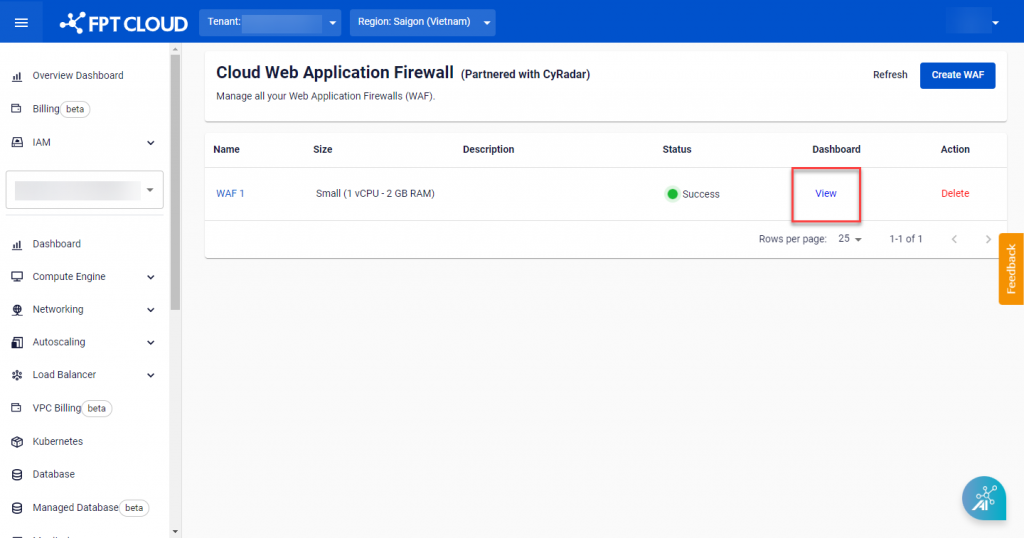 Truy cập WAF Dashboard từ portal