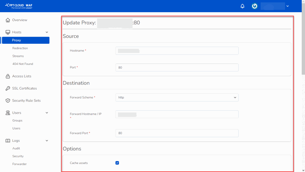 Chỉnh sửa thông tin proxy host