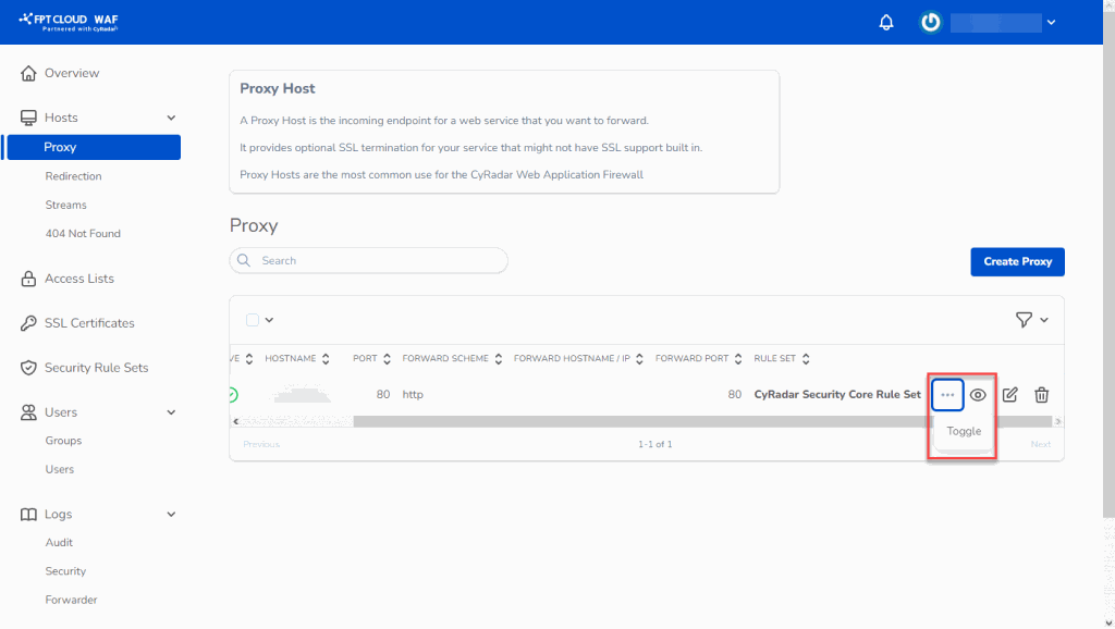 Chọn Toggle proxy host