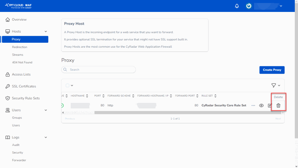Chọn Delete proxy host