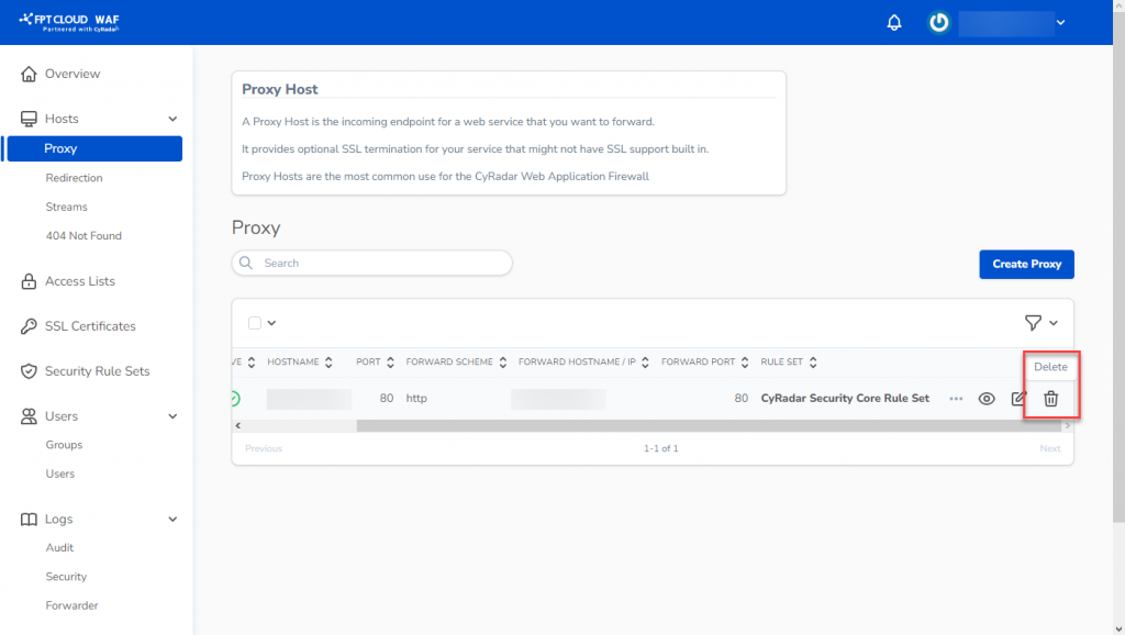 Chọn Delete proxy host