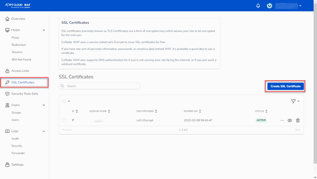 Màn hình quản lý SSL certificate