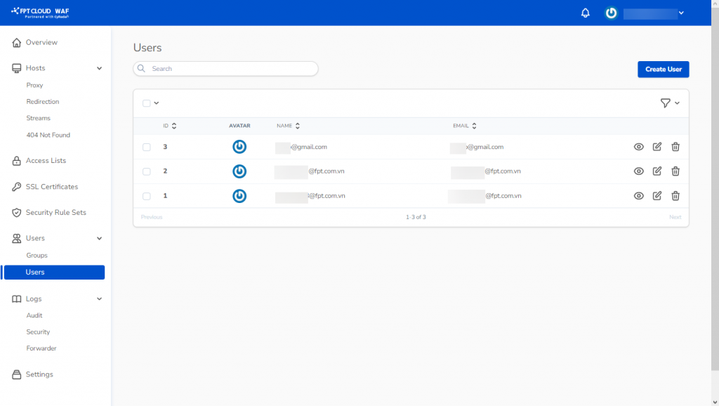 Màn hình quản lý người dùng WAF Dashboard