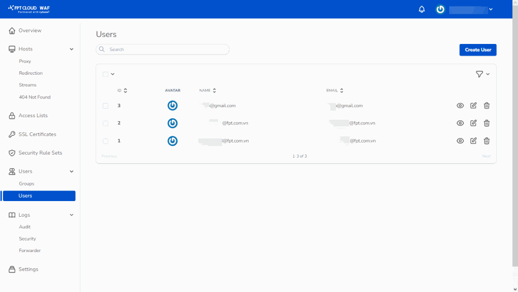 Màn hình quản lý người dùng WAF Dashboard