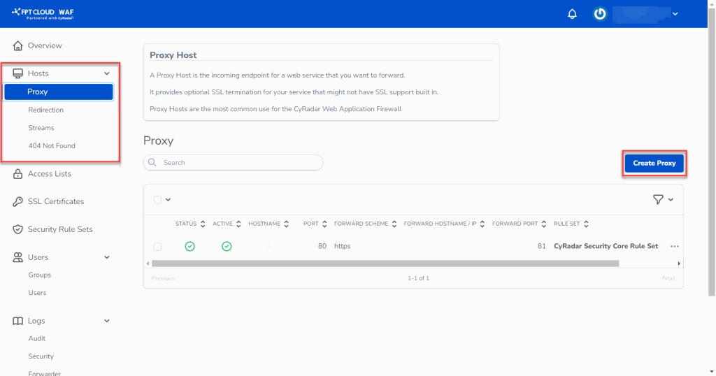 Màn hình Proxy Host — tạo mới