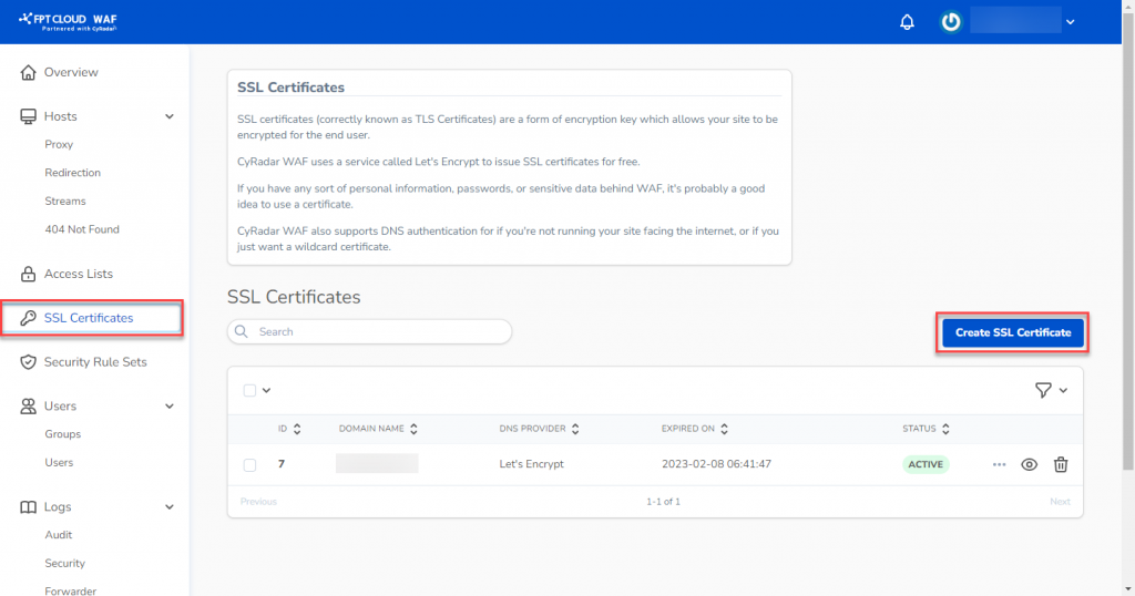 Tạo SSL certificate — bước 1