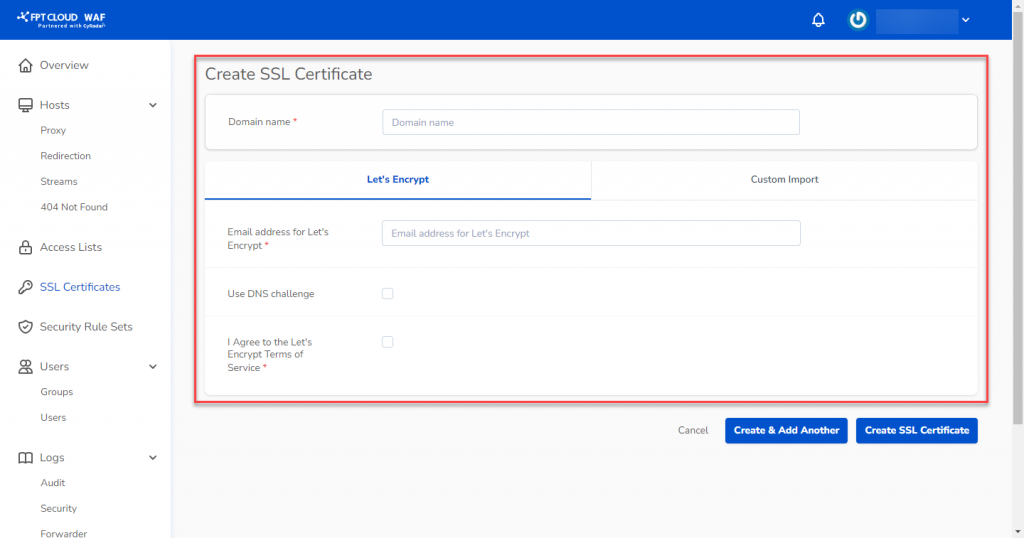 Nhập thông tin SSL certificate