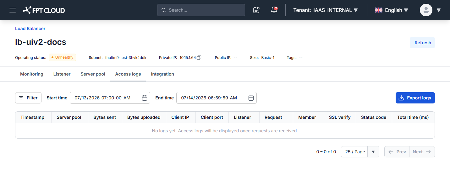 Tab Access logs với bảng log và nút Export logs