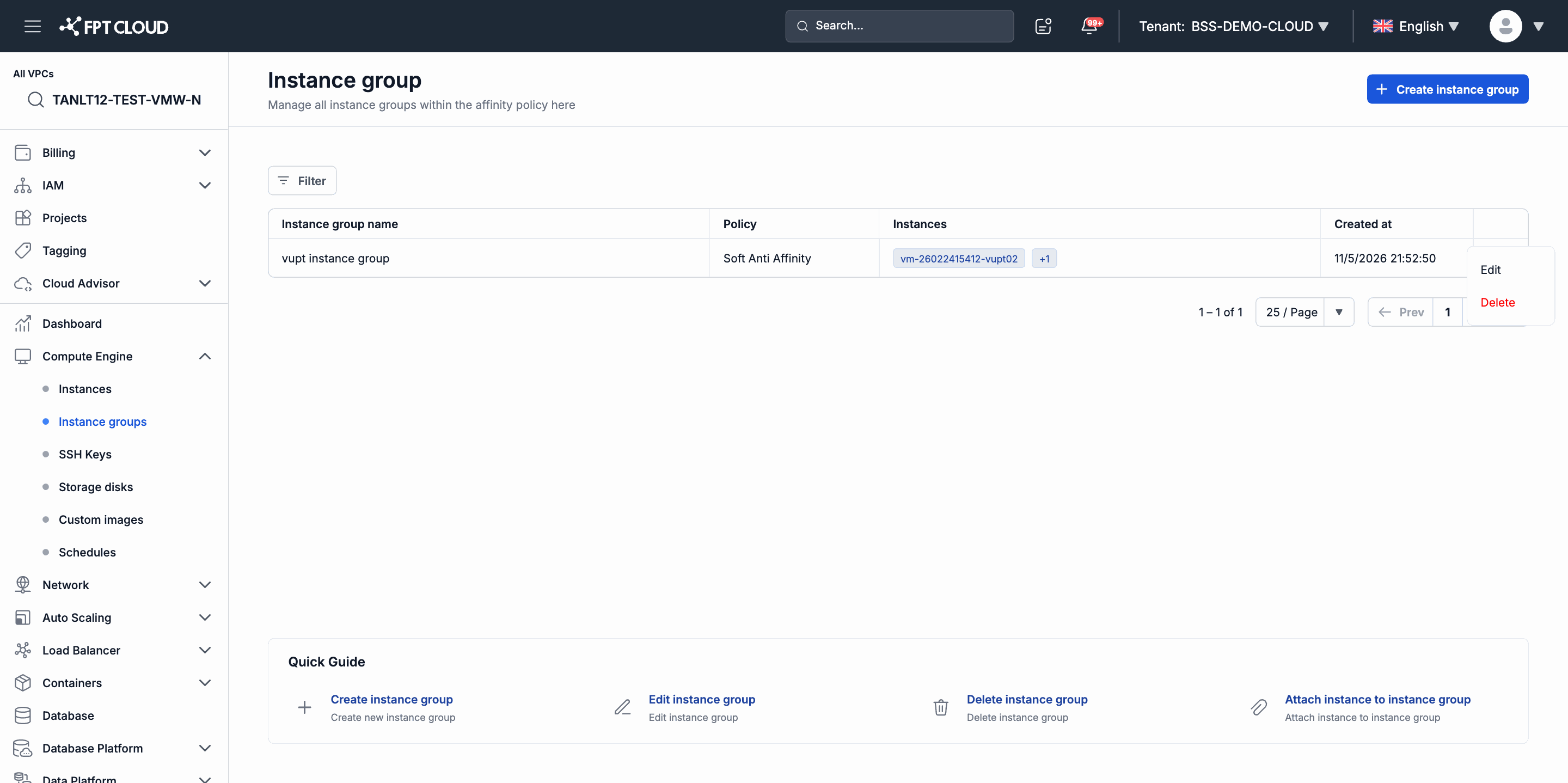 Menu hành động Instance Group