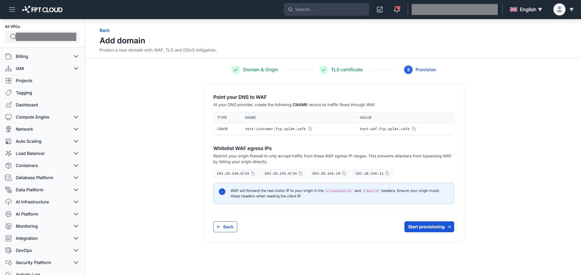 Add Domain — Bước 3: CNAME record và WAF egress IPs