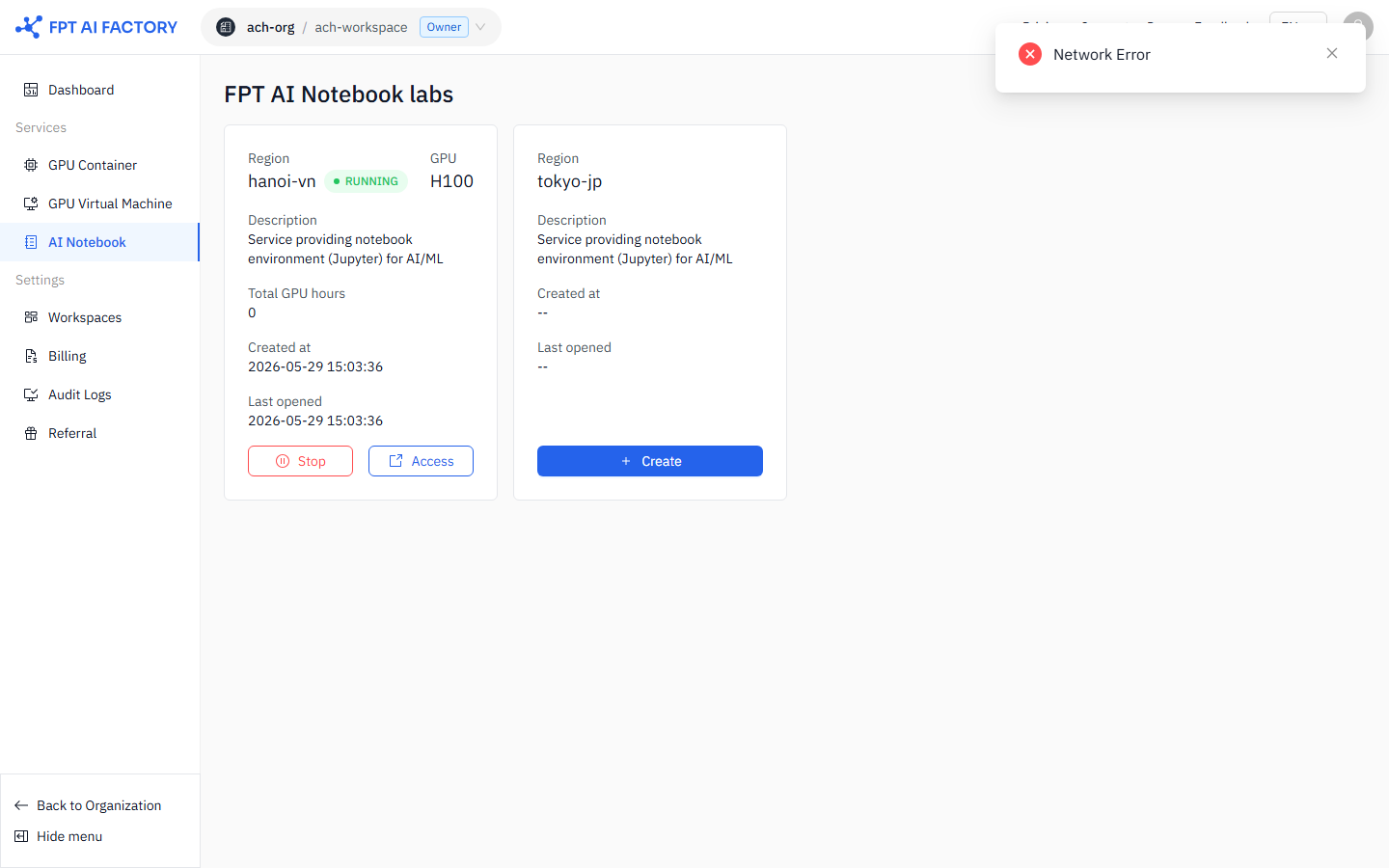 The AI Notebook list page