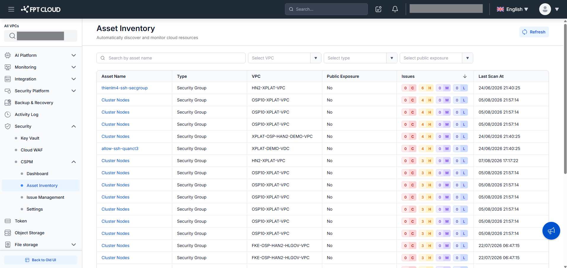 Asset List hiển thị tên, type, VPC, public exposure và lần scan gần nhất