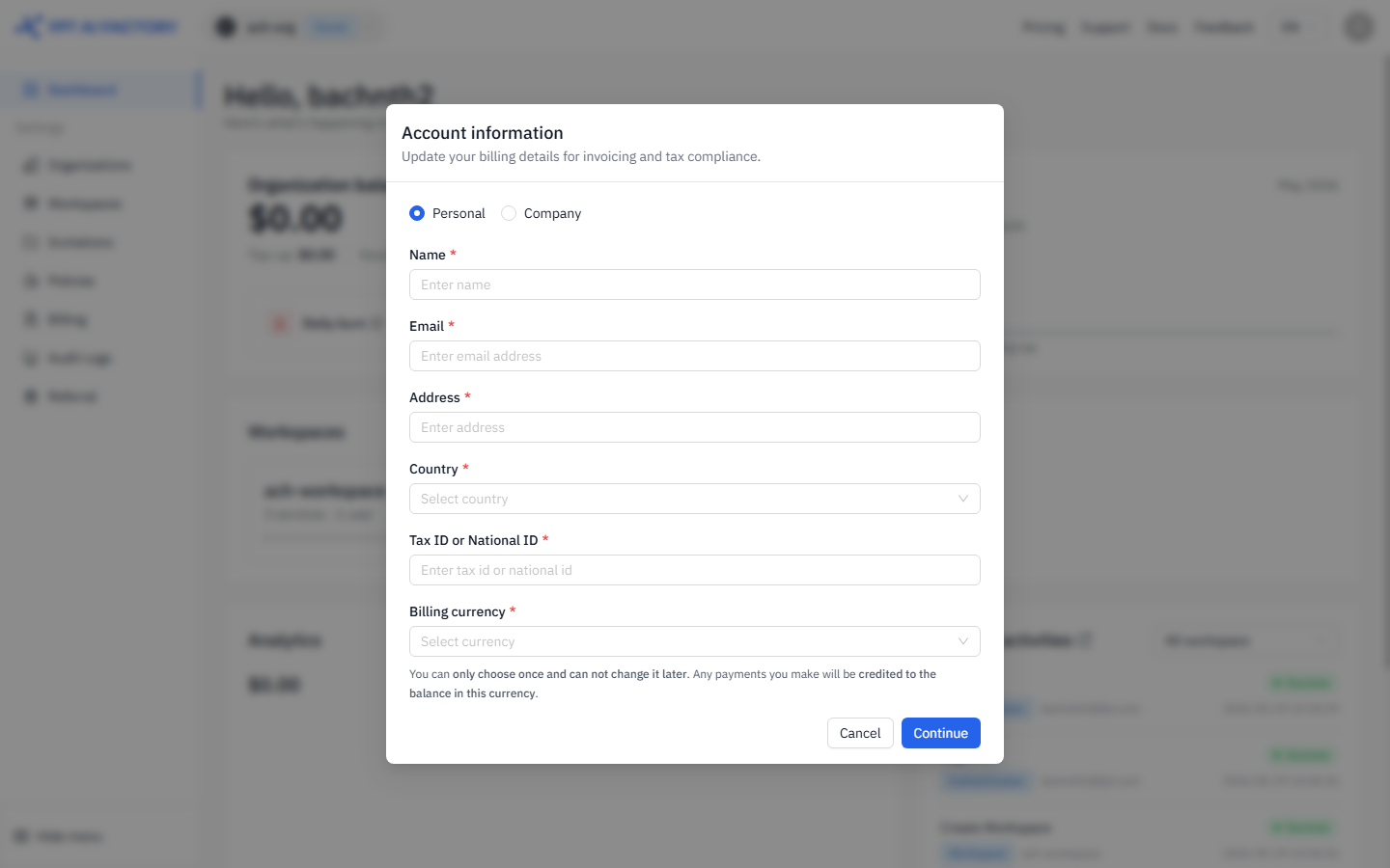 Account information dialog
