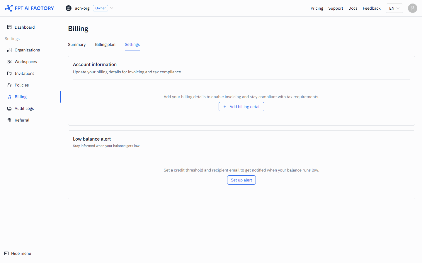 Billing settings page showing Low balance alert section