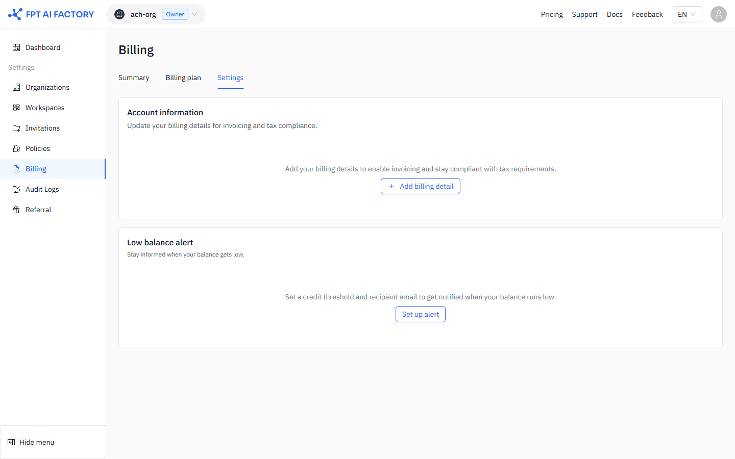 Billing settings page showing Low balance alert section