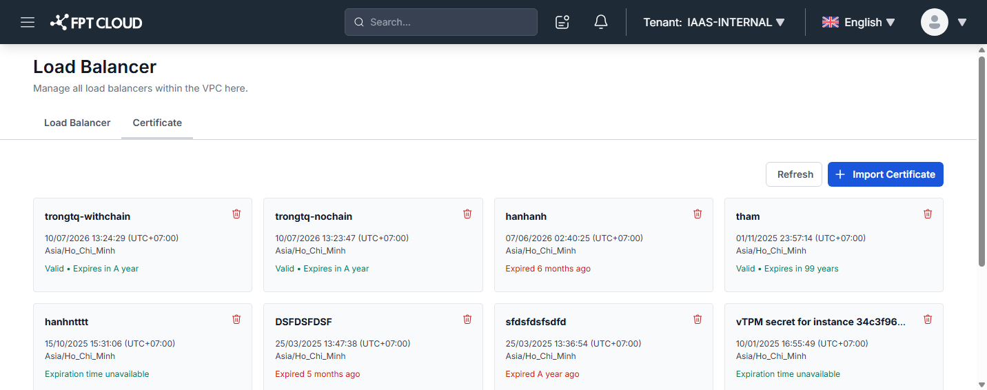 Danh sách chứng chỉ SSL tại tab Certificate