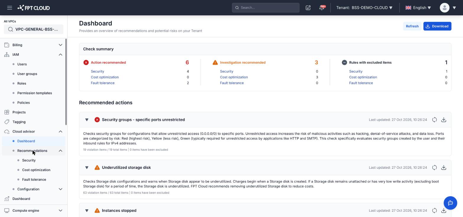 Trang Dashboard của Cloud Advisor