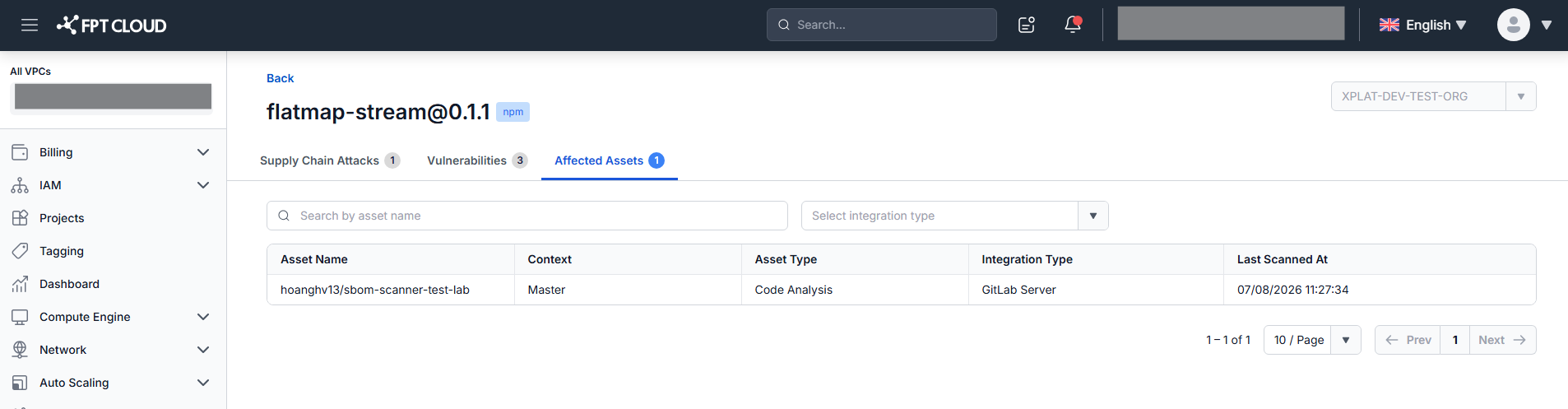 Component Detail — tab Affected Assets