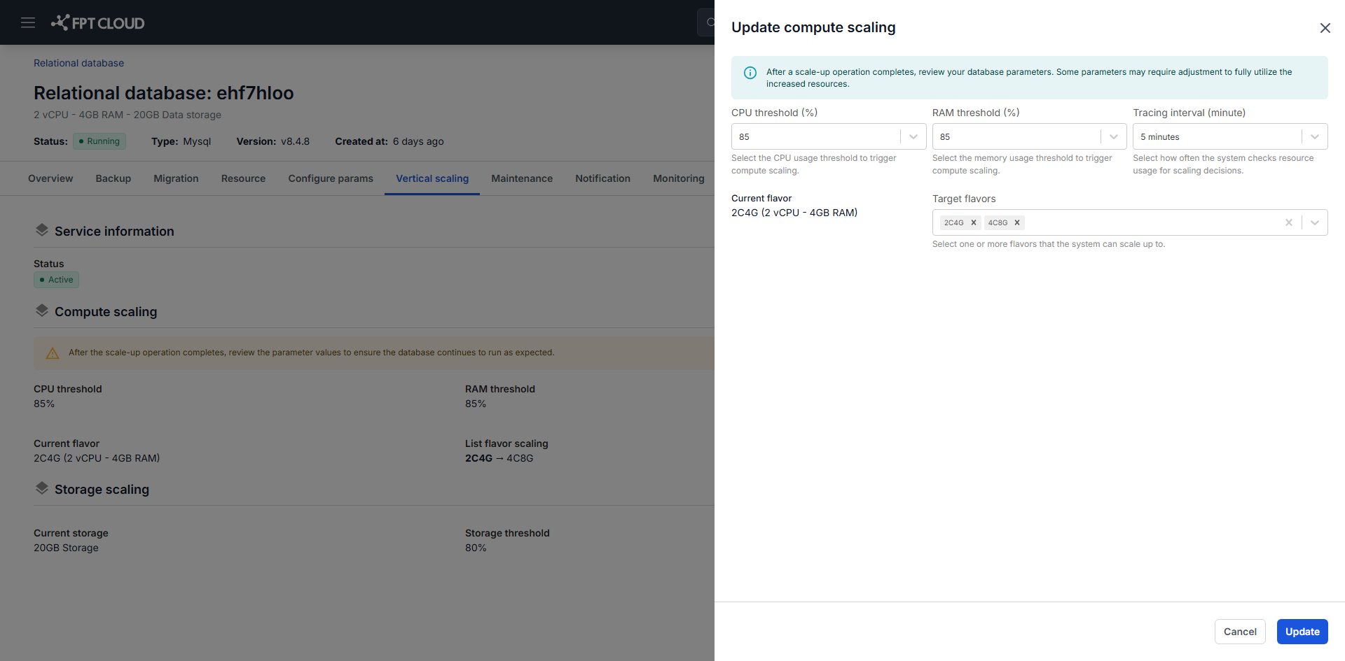 Hộp thoại Update compute scaling với ngưỡng và danh sách flavor