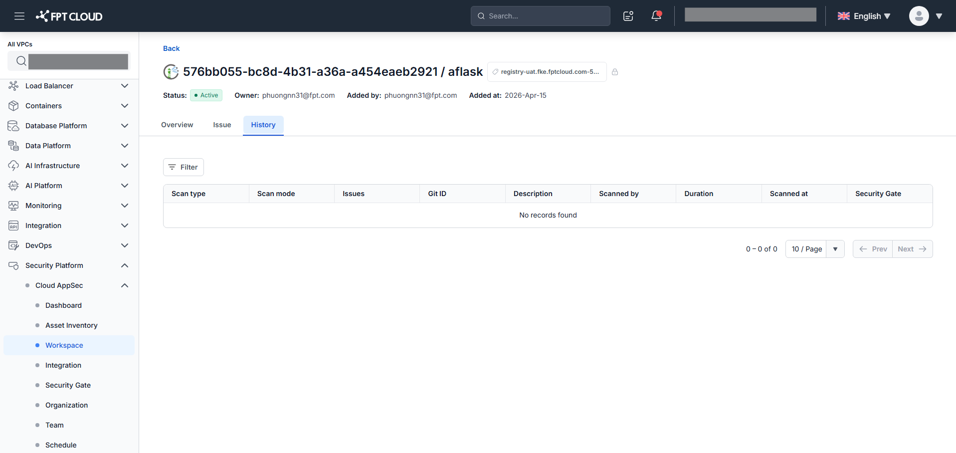 Container Registry — Lịch sử scan asset