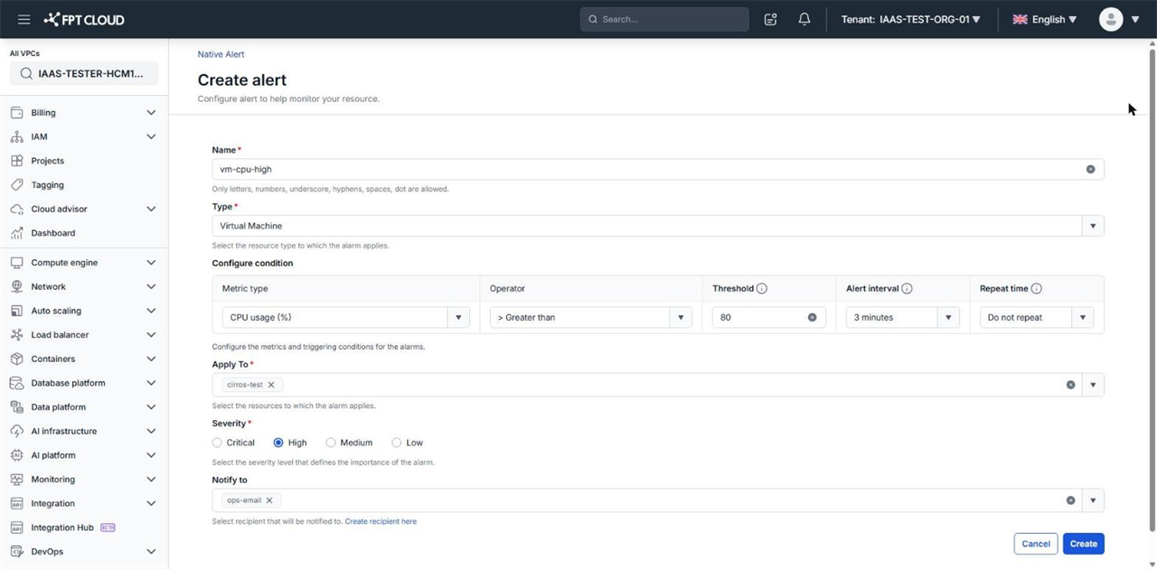 Trang Create alert với Type là Virtual Machine, Metric type là CPU Usage, Threshold 80 và Notify to là ops-email