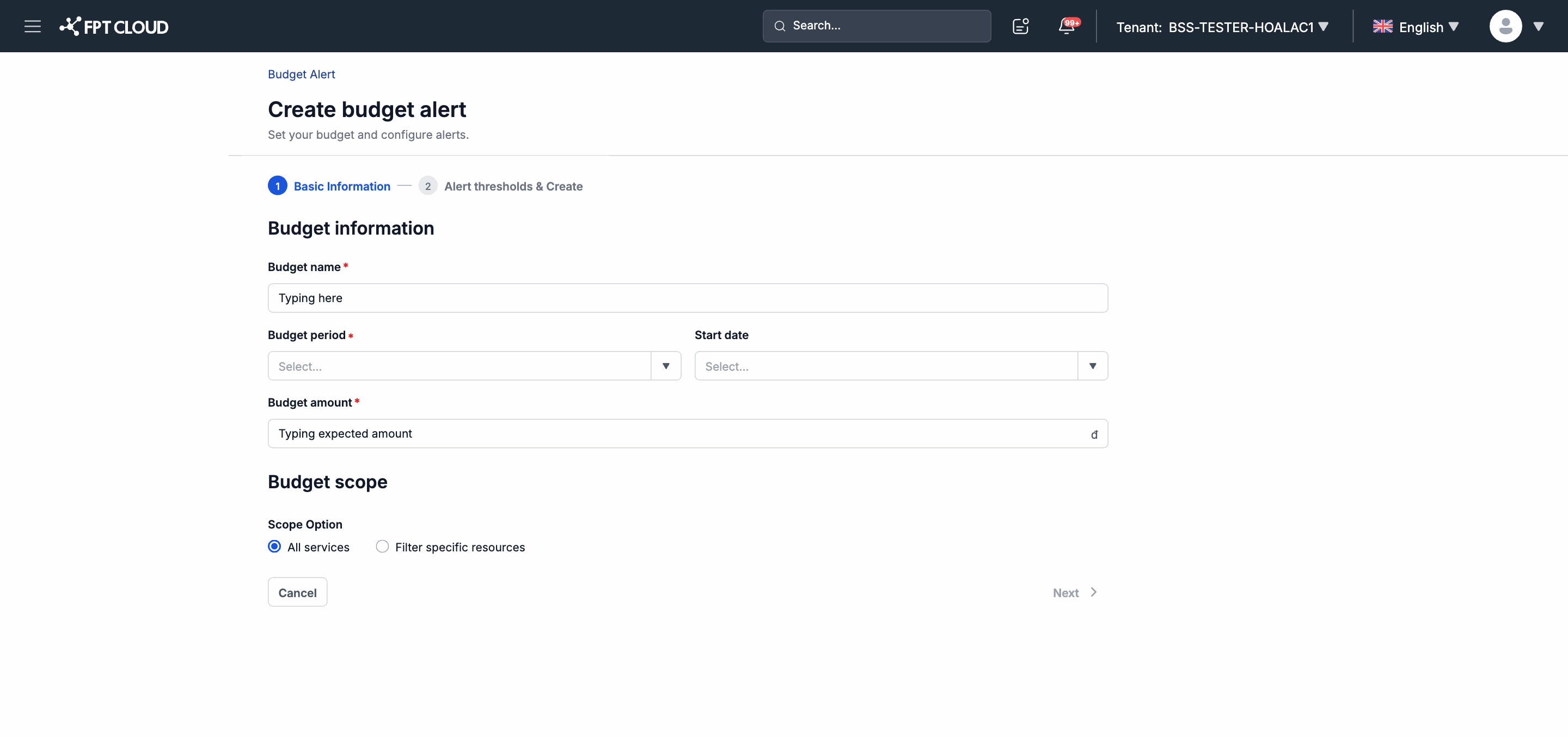 Form tạo Budget Alert — Bước 1