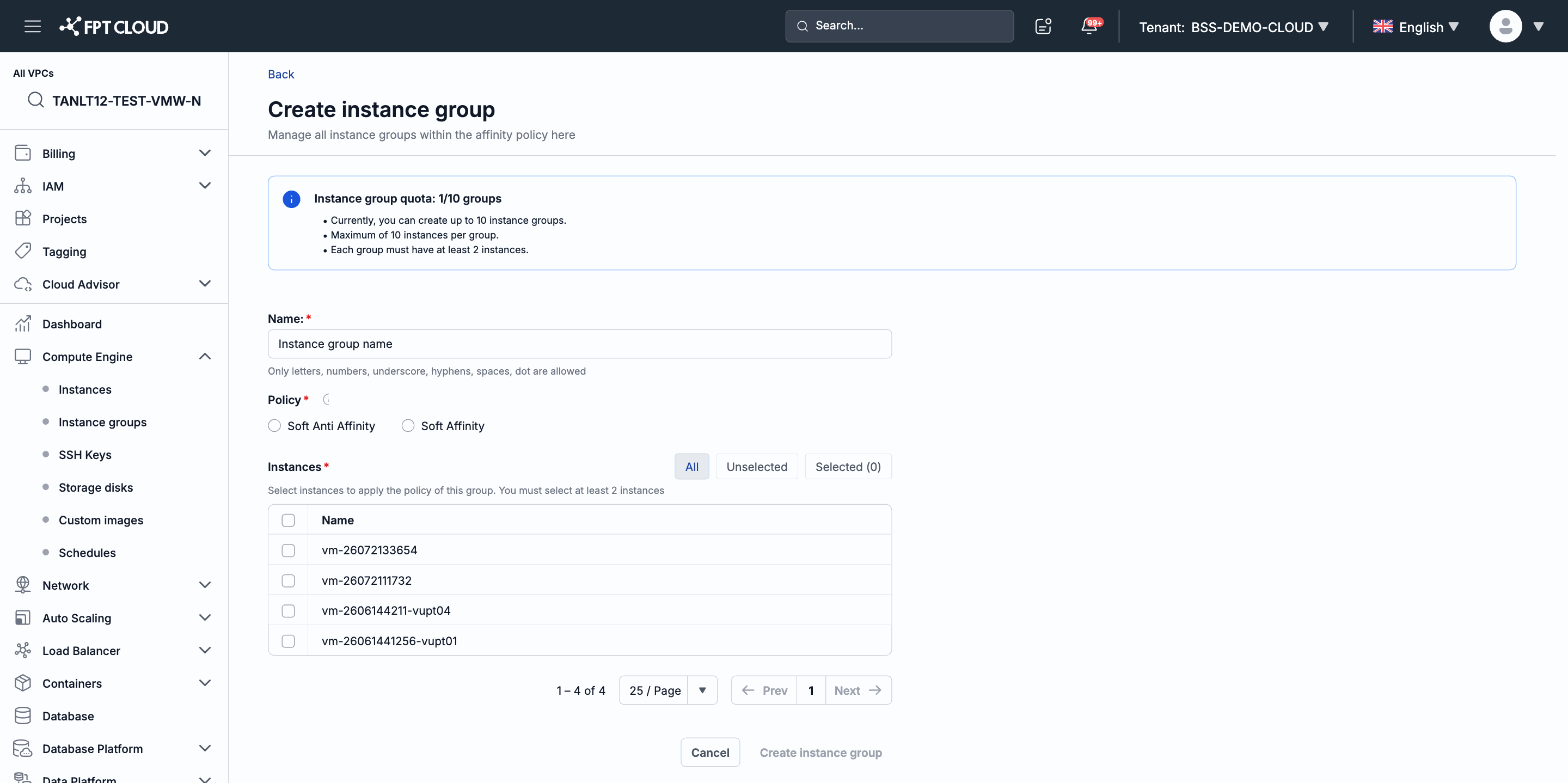 Form tạo Instance Group — chọn Policy và Instances