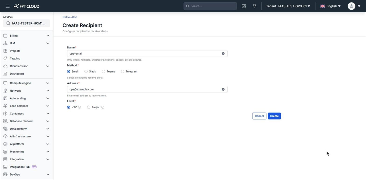 Trang Create Recipient với Name là ops-email, Method là Email, trường Address đã điền và Level là VPC