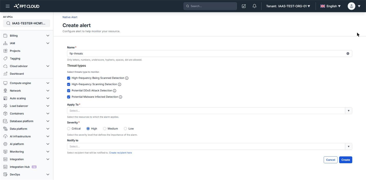 Trang Create alert cho Threat alert với 4 ô Threat types đã chọn, trường Apply To, Severity và Notify to