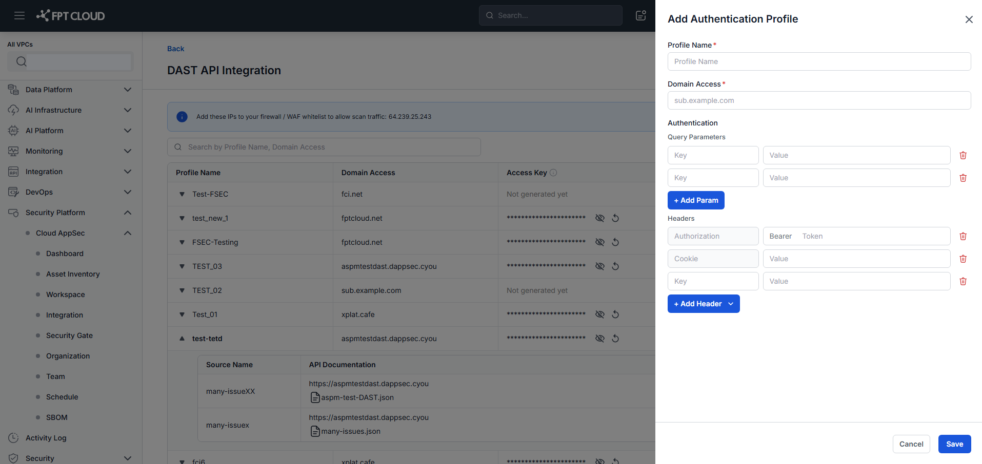 DAST API — Popup Add Authentication Profile