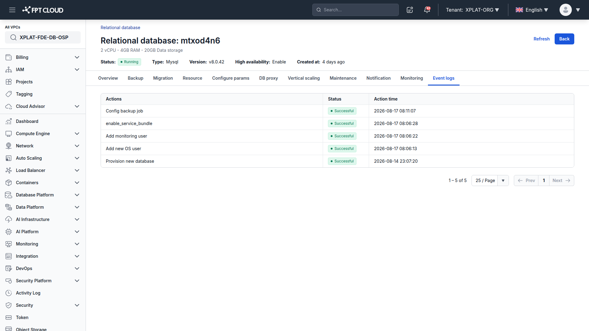 Tab con Event Logs liệt kê các sự kiện vòng đời và thay đổi cấu hình