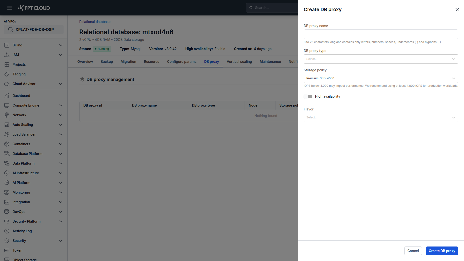 Hộp thoại Create DB Proxy với tên, loại, storage policy và flavor