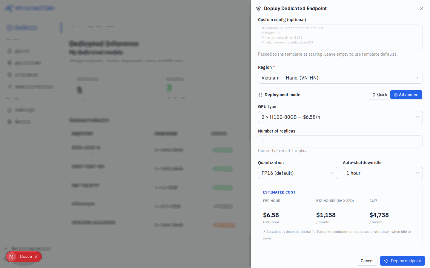 Deploy Dedicated Endpoint — chế độ Advanced