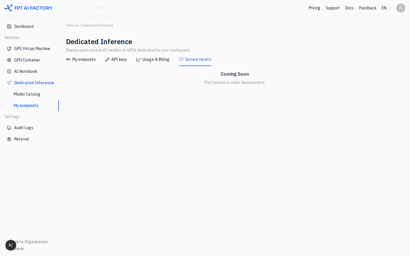 Tab Service Health — màn hình coming soon