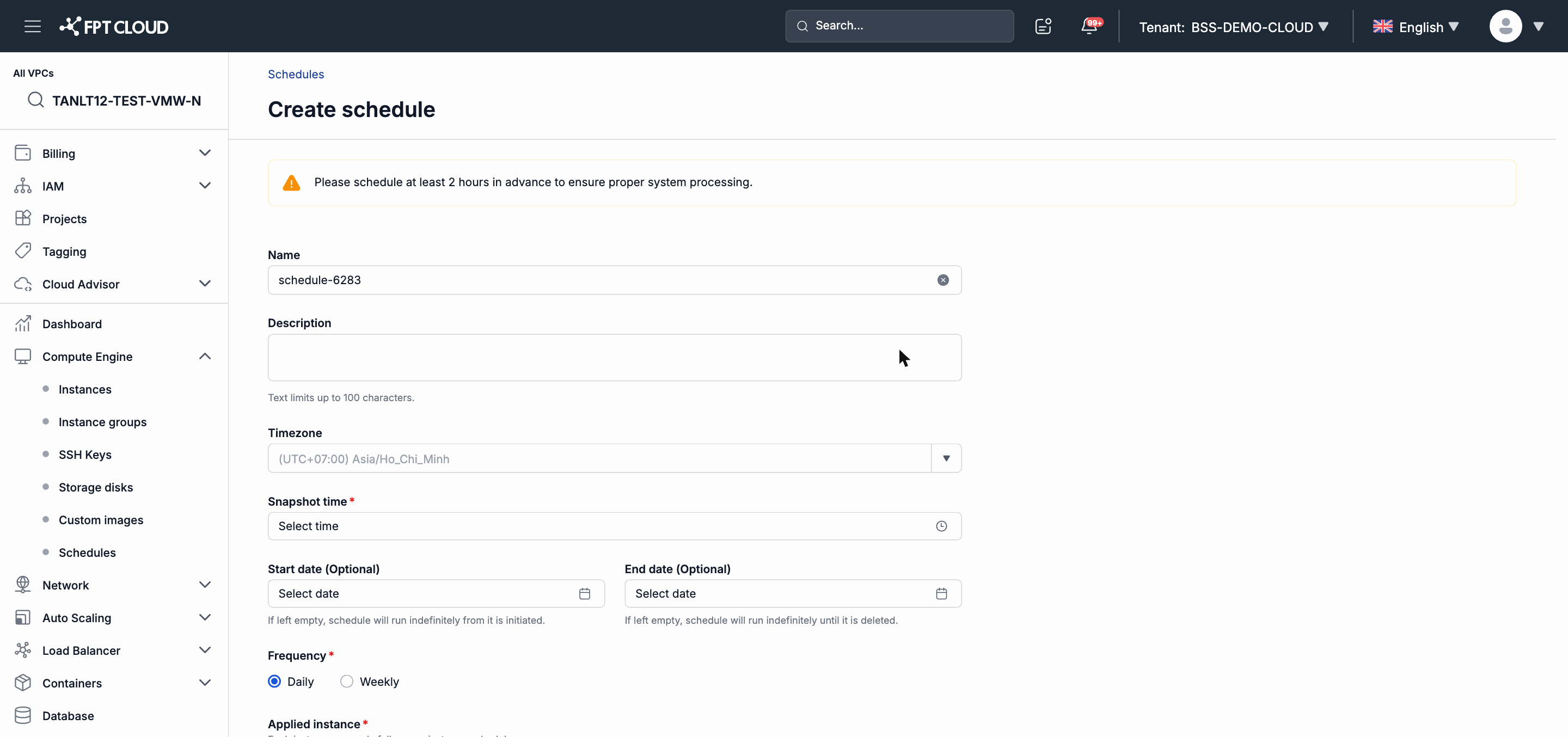 Form tạo lịch Snapshot tự động