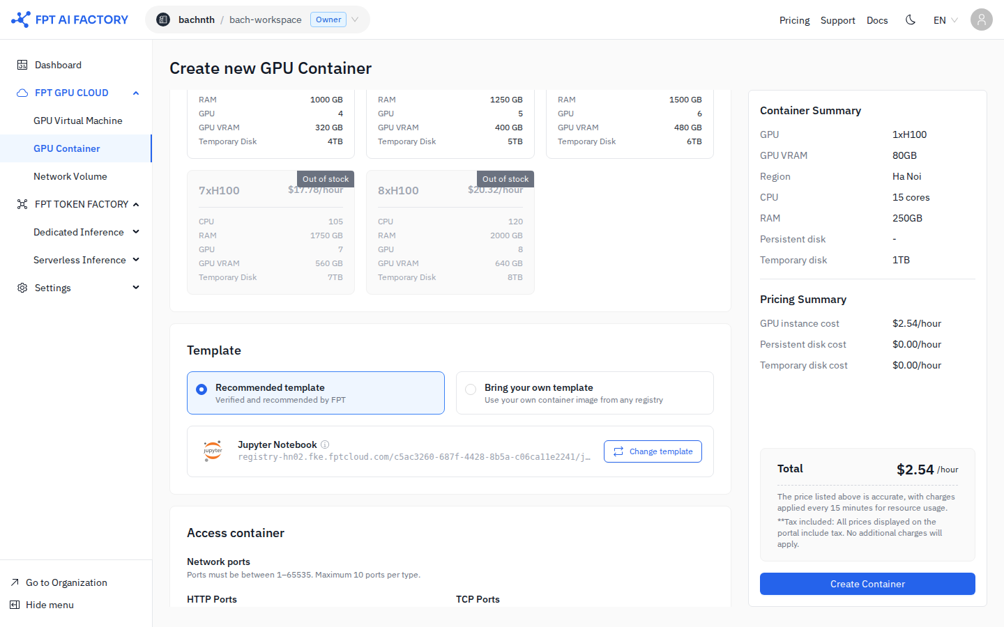 Tạo GPU Container — chọn template