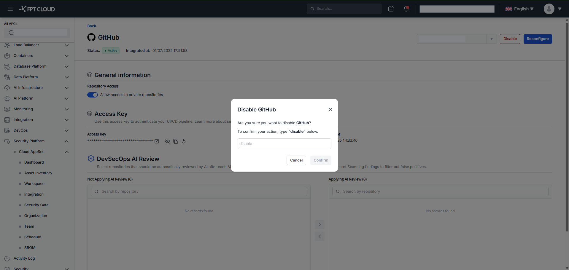 Tích hợp GitHub — xác nhận vô hiệu hóa