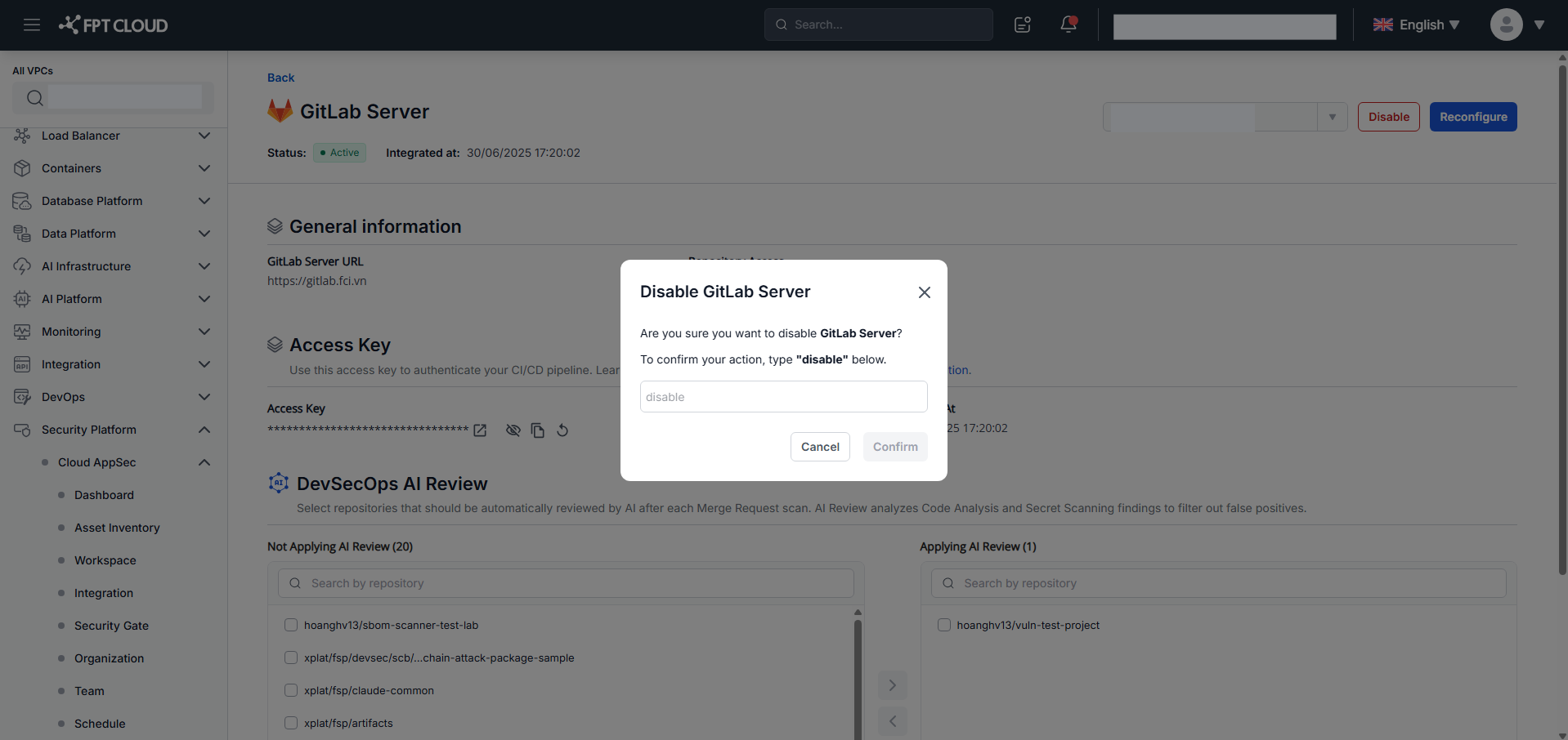 Tích hợp GitLab Server — xác nhận vô hiệu hóa