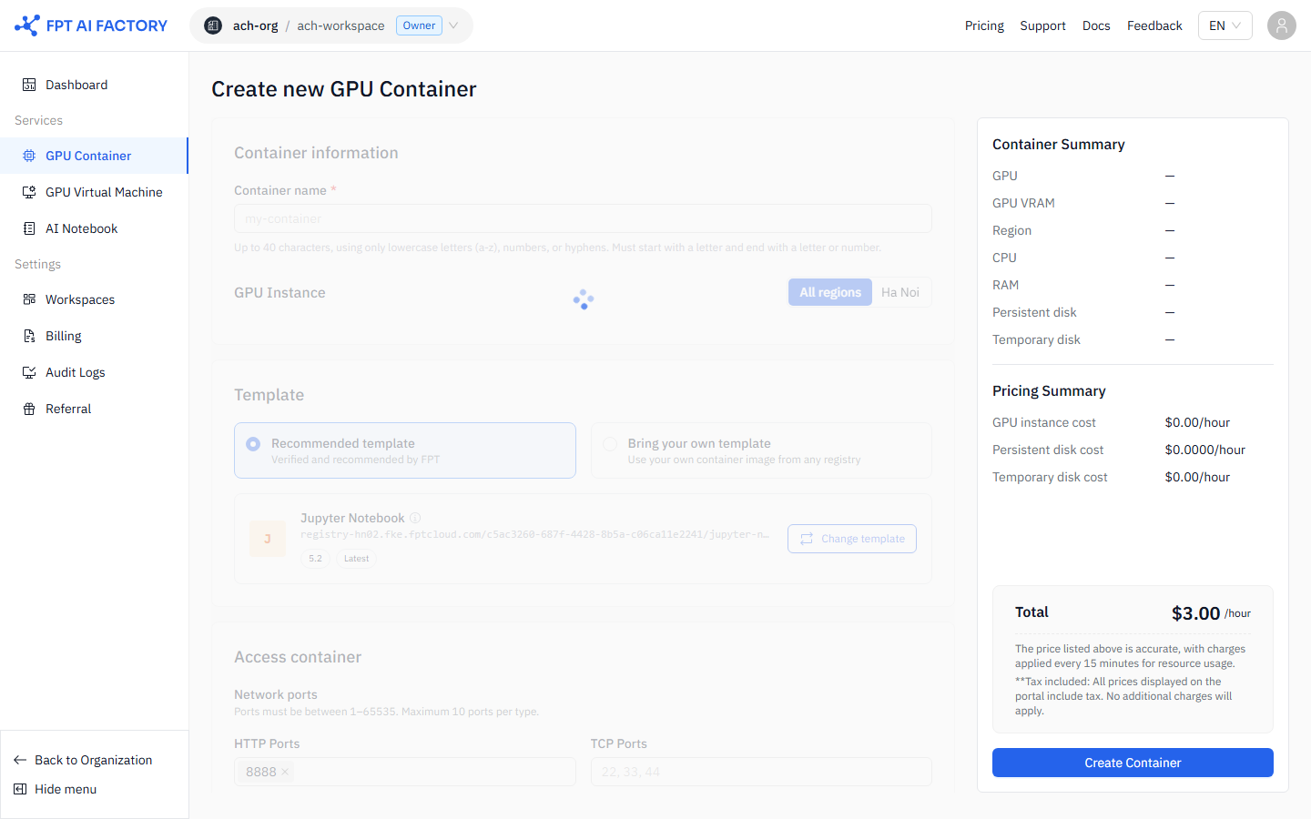 Create GPU Container form