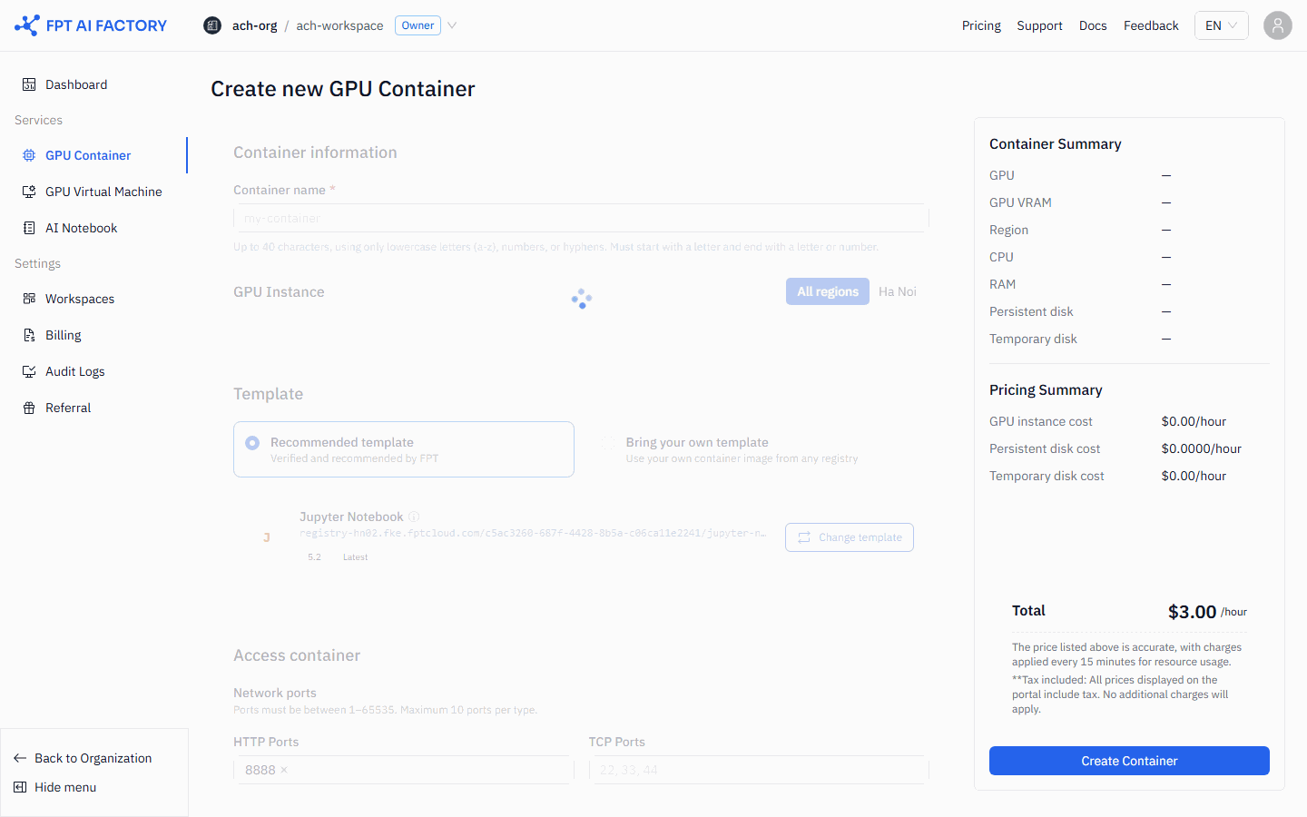 Create GPU Container form