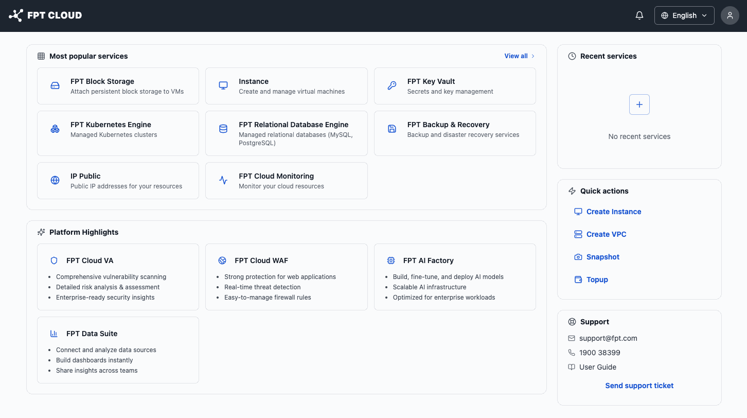 Giao diện Homepage FPT Cloud sau khi onboard