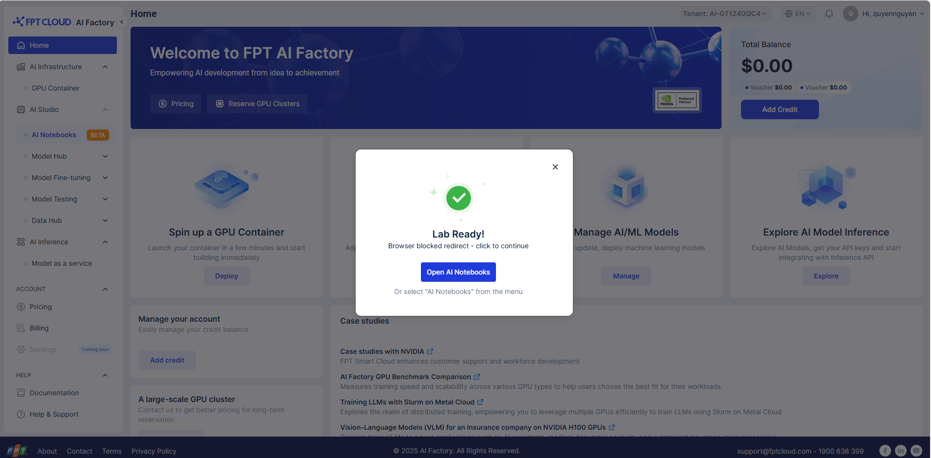 Nút Open AI Notebook hiển thị sau khi notebook sẵn sàng