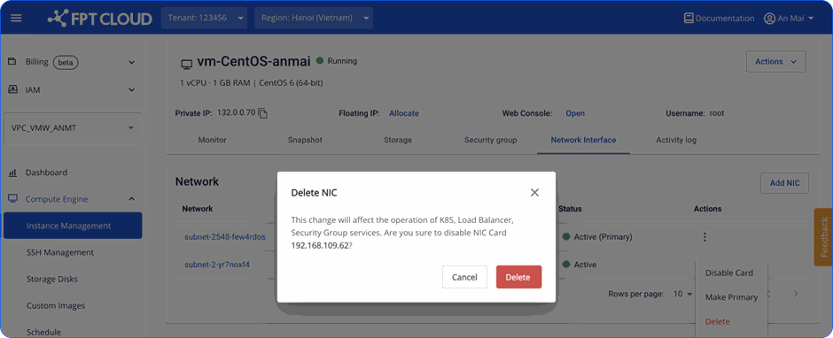 Xác nhận xóa card NIC