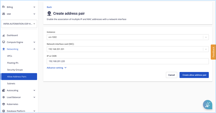 Cấu hình allow IP address pair