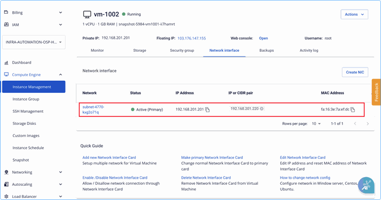Network interface của instance sau khi tạo