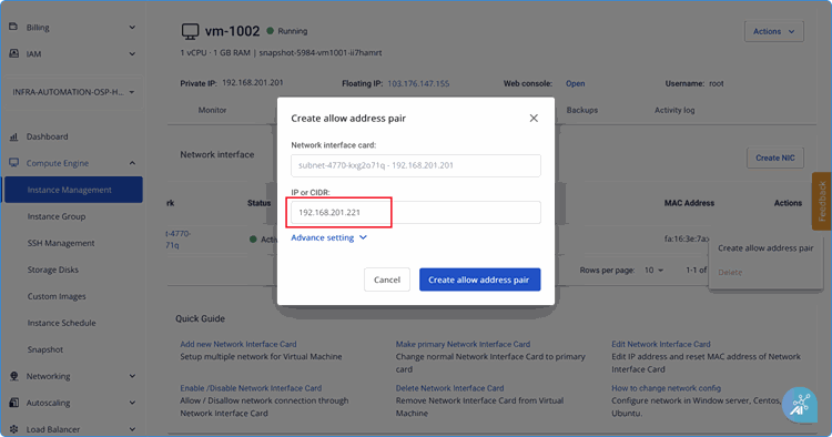 Cấu hình allow IP address pair