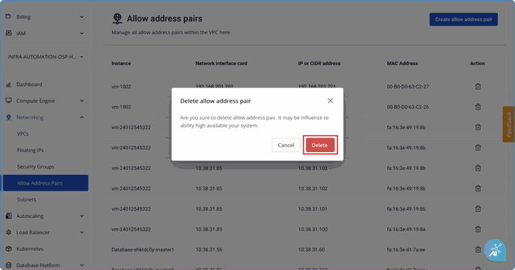 Xác nhận xóa address pair